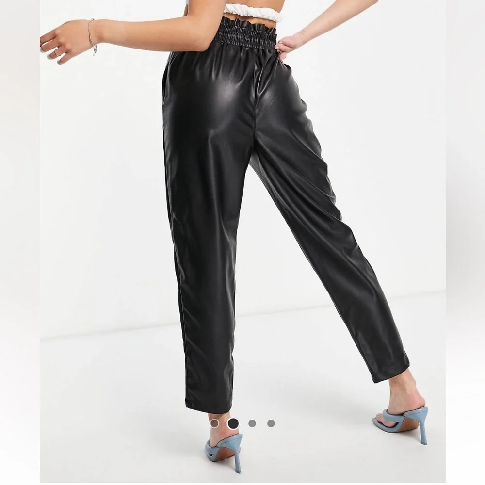 ASOS Faux Leather Pants Paperbag Waist Black Loose Fit Baggy Trousers 4 Small